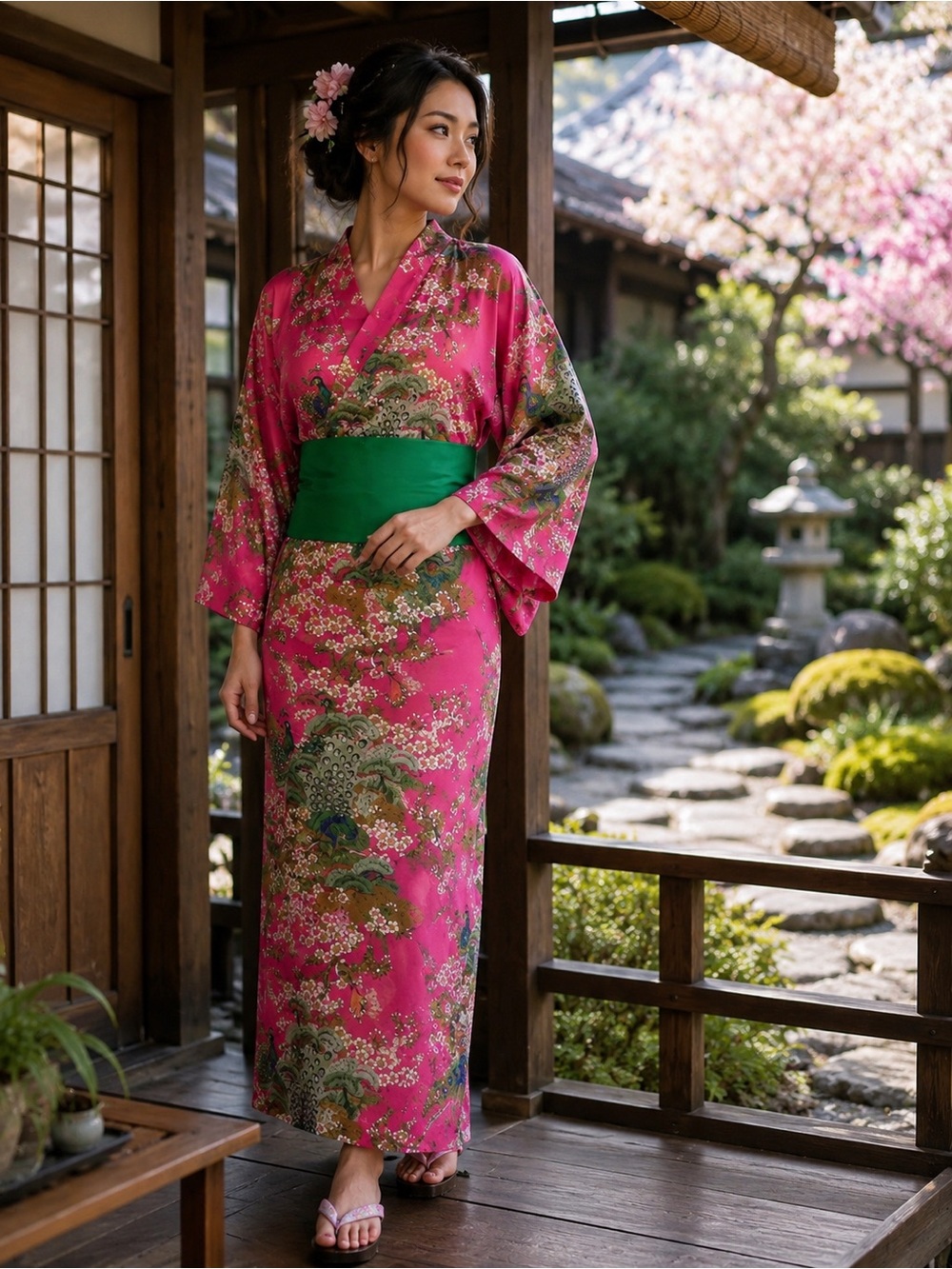 Vintage Japanese Kimono Robe Peacock Cherry Blossom Print Made in Japan + Obi